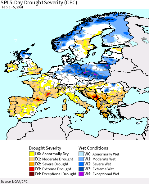 Europe SPI 5-Day Drought Severity (CPC) Thematic Map For 2/1/2024 - 2/5/2024