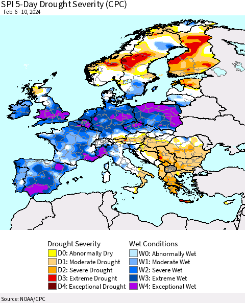 Europe SPI 5-Day Drought Severity (CPC) Thematic Map For 2/6/2024 - 2/10/2024