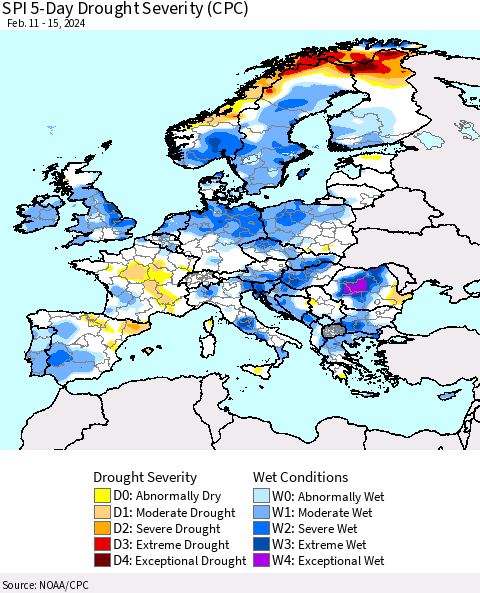 Europe SPI 5-Day Drought Severity (CPC) Thematic Map For 2/11/2024 - 2/15/2024