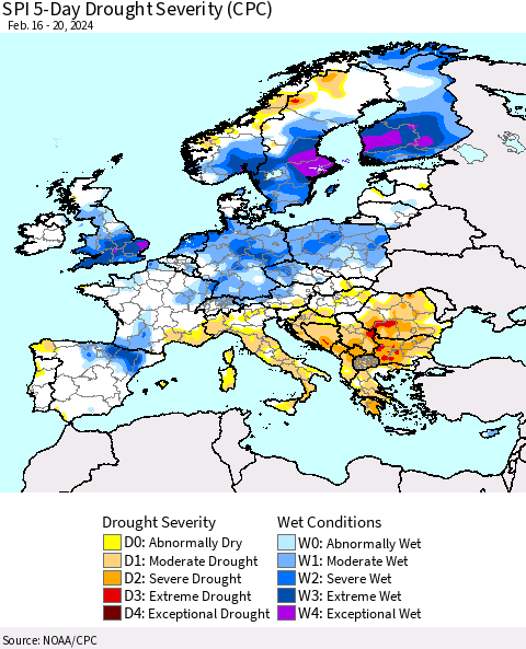 Europe SPI 5-Day Drought Severity (CPC) Thematic Map For 2/16/2024 - 2/20/2024