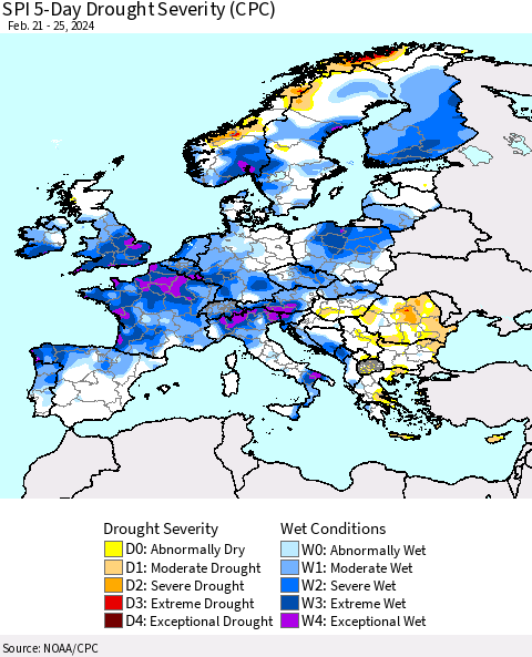 Europe SPI 5-Day Drought Severity (CPC) Thematic Map For 2/21/2024 - 2/25/2024