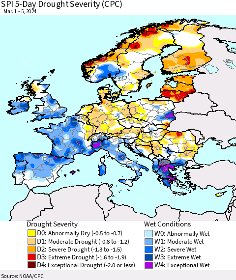 Europe SPI 5-Day Drought Severity (CPC) Thematic Map For 3/1/2024 - 3/5/2024