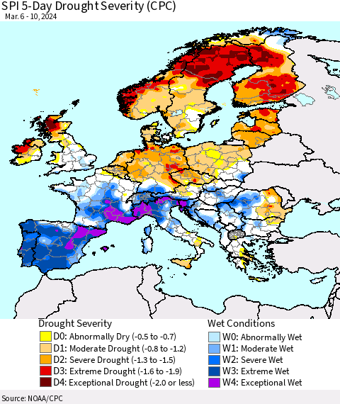 Europe SPI 5-Day Drought Severity (CPC) Thematic Map For 3/6/2024 - 3/10/2024