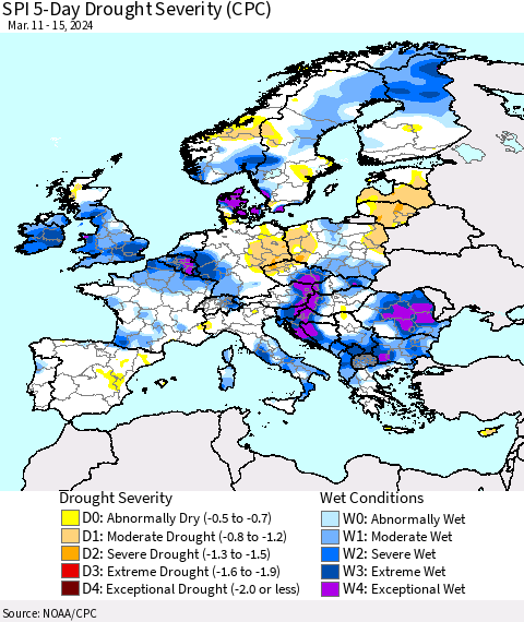 Europe SPI 5-Day Drought Severity (CPC) Thematic Map For 3/11/2024 - 3/15/2024