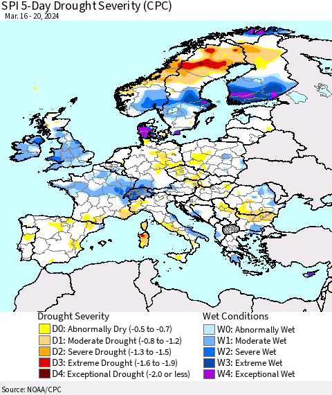 Europe SPI 5-Day Drought Severity (CPC) Thematic Map For 3/16/2024 - 3/20/2024