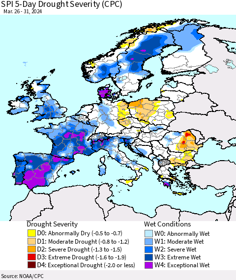 Europe SPI 5-Day Drought Severity (CPC) Thematic Map For 3/26/2024 - 3/31/2024