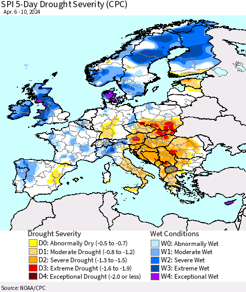 Europe SPI 5-Day Drought Severity (CPC) Thematic Map For 4/6/2024 - 4/10/2024
