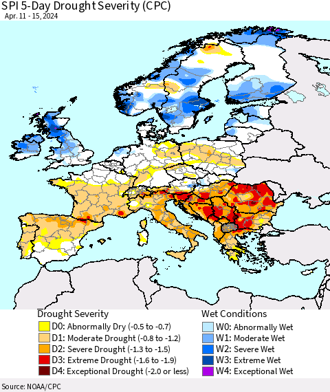 Europe SPI 5-Day Drought Severity (CPC) Thematic Map For 4/11/2024 - 4/15/2024