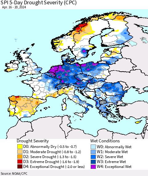 Europe SPI 5-Day Drought Severity (CPC) Thematic Map For 4/16/2024 - 4/20/2024