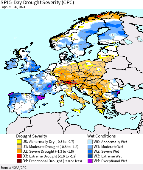 Europe SPI 5-Day Drought Severity (CPC) Thematic Map For 4/26/2024 - 4/30/2024