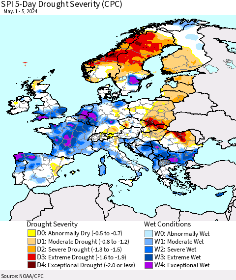Europe SPI 5-Day Drought Severity (CPC) Thematic Map For 5/1/2024 - 5/5/2024