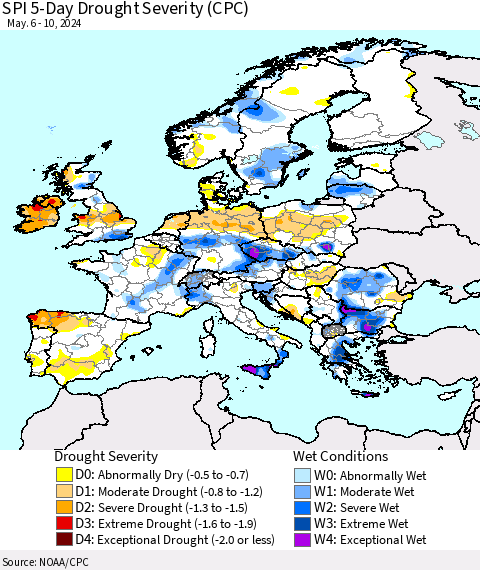 Europe SPI 5-Day Drought Severity (CPC) Thematic Map For 5/6/2024 - 5/10/2024