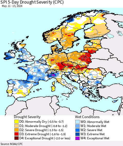 Europe SPI 5-Day Drought Severity (CPC) Thematic Map For 5/11/2024 - 5/15/2024