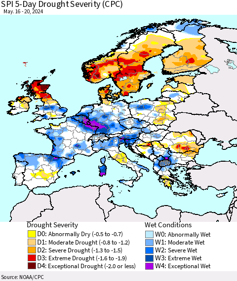 Europe SPI 5-Day Drought Severity (CPC) Thematic Map For 5/16/2024 - 5/20/2024