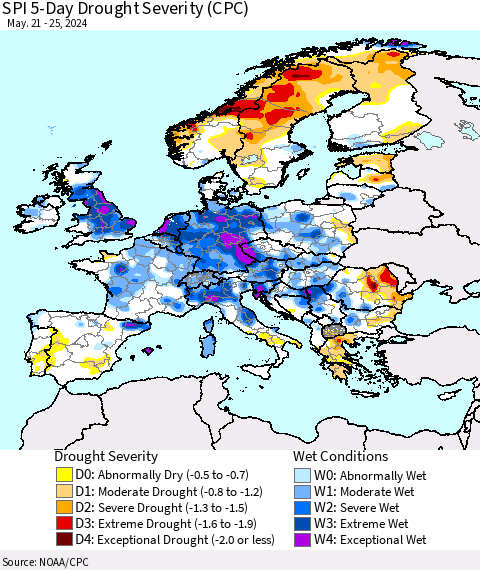 Europe SPI 5-Day Drought Severity (CPC) Thematic Map For 5/21/2024 - 5/25/2024