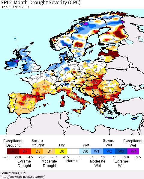 Europe SPI 2-Month Drought Severity (CPC) Thematic Map For 2/6/2019 - 4/5/2019