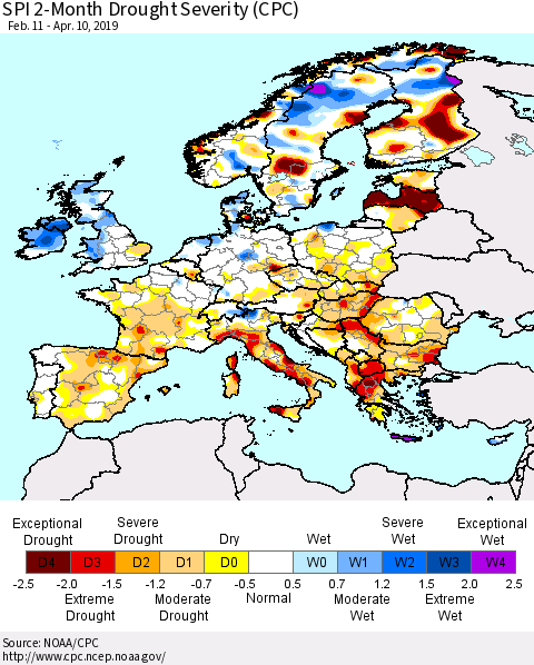 Europe SPI 2-Month Drought Severity (CPC) Thematic Map For 2/11/2019 - 4/10/2019