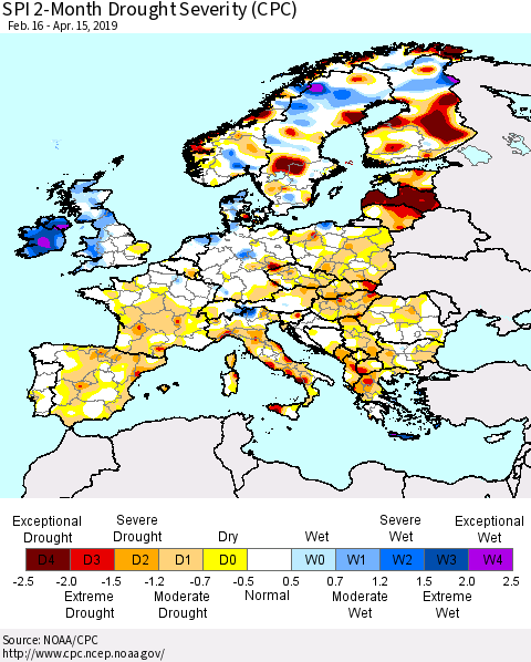 Europe SPI 2-Month Drought Severity (CPC) Thematic Map For 2/16/2019 - 4/15/2019