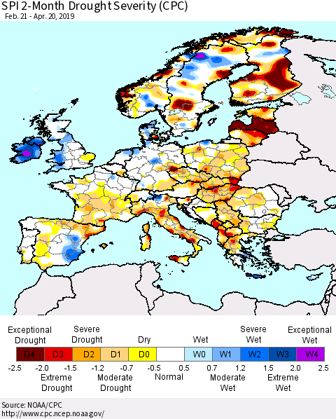 Europe SPI 2-Month Drought Severity (CPC) Thematic Map For 2/21/2019 - 4/20/2019