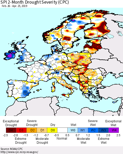 Europe SPI 2-Month Drought Severity (CPC) Thematic Map For 2/26/2019 - 4/25/2019