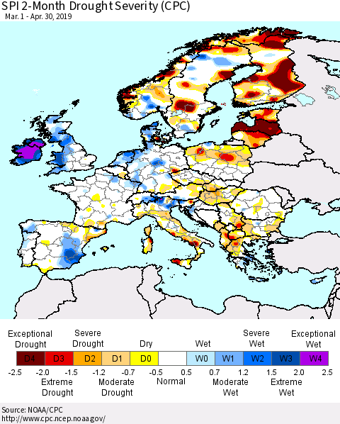 Europe SPI 2-Month Drought Severity (CPC) Thematic Map For 3/1/2019 - 4/30/2019
