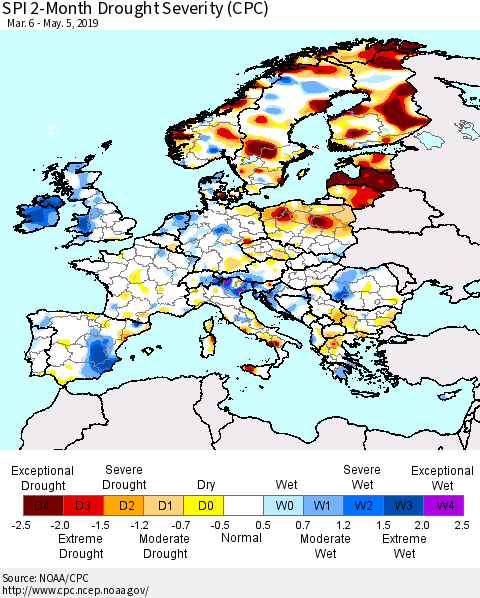 Europe SPI 2-Month Drought Severity (CPC) Thematic Map For 3/6/2019 - 5/5/2019