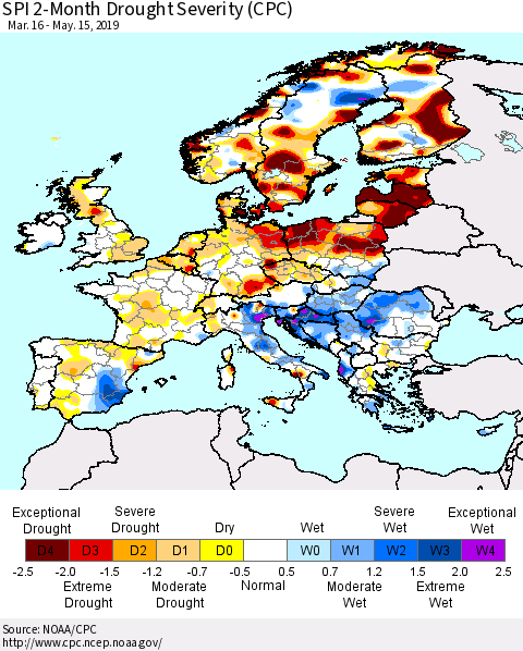 Europe SPI 2-Month Drought Severity (CPC) Thematic Map For 3/16/2019 - 5/15/2019