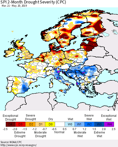 Europe SPI 2-Month Drought Severity (CPC) Thematic Map For 3/21/2019 - 5/20/2019