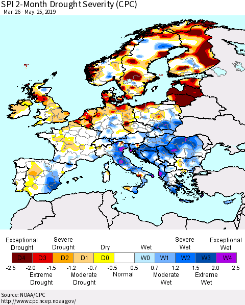 Europe SPI 2-Month Drought Severity (CPC) Thematic Map For 3/26/2019 - 5/25/2019