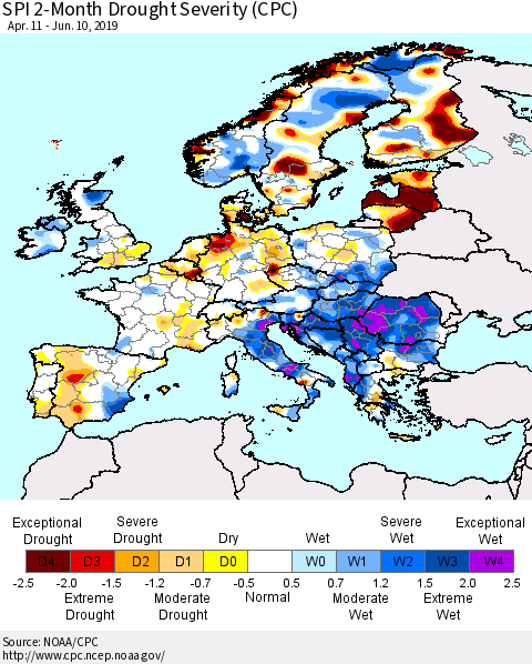 Europe SPI 2-Month Drought Severity (CPC) Thematic Map For 4/11/2019 - 6/10/2019