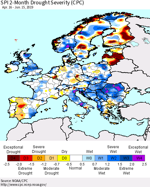Europe SPI 2-Month Drought Severity (CPC) Thematic Map For 4/16/2019 - 6/15/2019