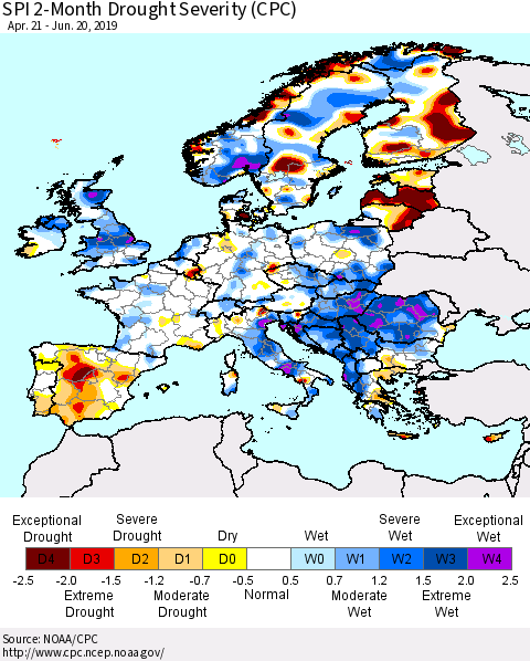 Europe SPI 2-Month Drought Severity (CPC) Thematic Map For 4/21/2019 - 6/20/2019