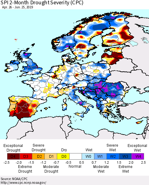Europe SPI 2-Month Drought Severity (CPC) Thematic Map For 4/26/2019 - 6/25/2019