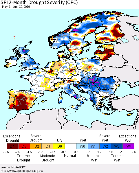 Europe SPI 2-Month Drought Severity (CPC) Thematic Map For 5/1/2019 - 6/30/2019