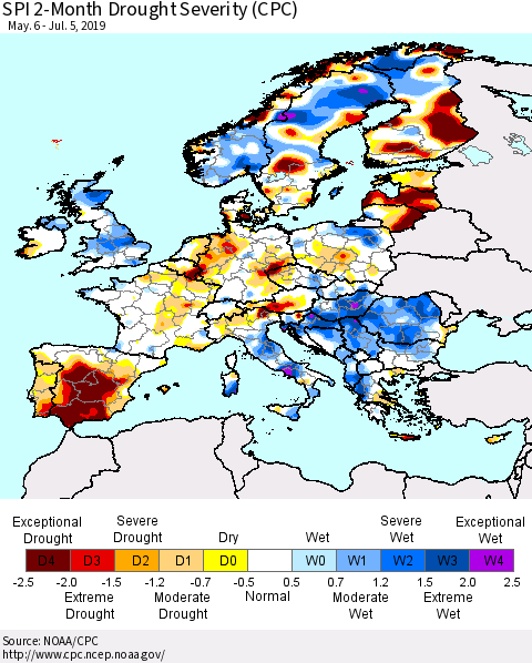 Europe SPI 2-Month Drought Severity (CPC) Thematic Map For 5/6/2019 - 7/5/2019
