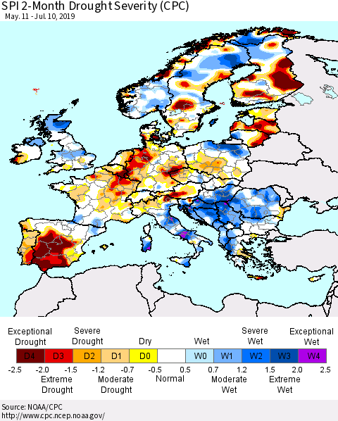 Europe SPI 2-Month Drought Severity (CPC) Thematic Map For 5/11/2019 - 7/10/2019