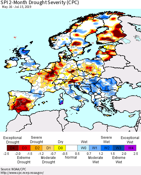 Europe SPI 2-Month Drought Severity (CPC) Thematic Map For 5/16/2019 - 7/15/2019