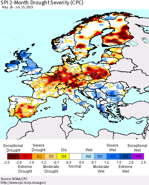 Europe SPI 2-Month Drought Severity (CPC) Thematic Map For 5/26/2019 - 7/25/2019
