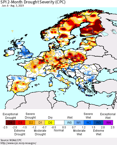 Europe SPI 2-Month Drought Severity (CPC) Thematic Map For 6/6/2019 - 8/5/2019