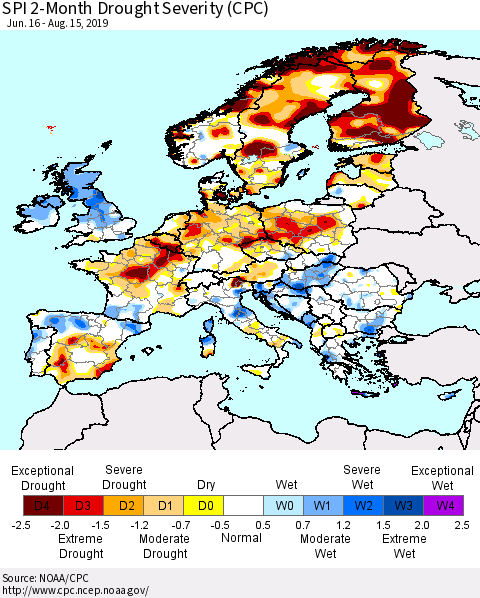 Europe SPI 2-Month Drought Severity (CPC) Thematic Map For 6/16/2019 - 8/15/2019
