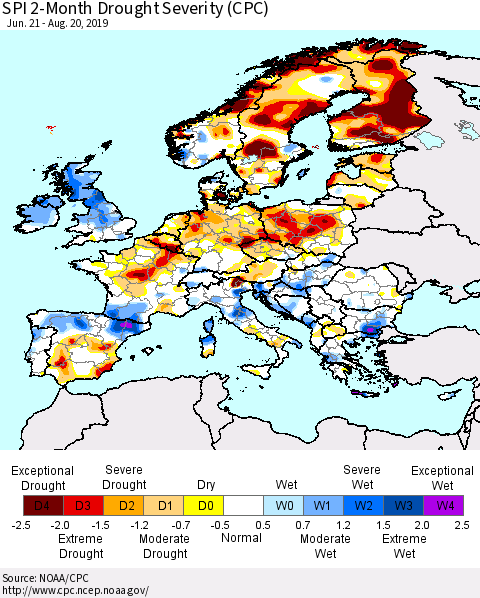 Europe SPI 2-Month Drought Severity (CPC) Thematic Map For 6/21/2019 - 8/20/2019