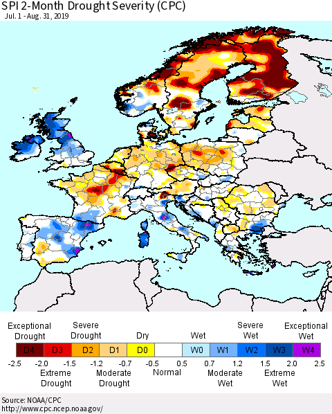 Europe SPI 2-Month Drought Severity (CPC) Thematic Map For 7/1/2019 - 8/31/2019