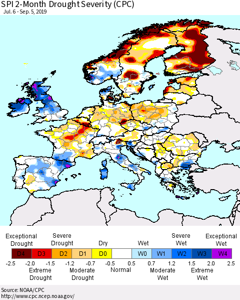 Europe SPI 2-Month Drought Severity (CPC) Thematic Map For 7/6/2019 - 9/5/2019