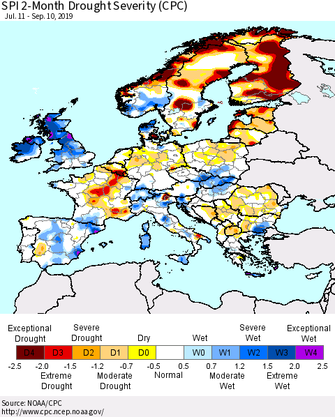Europe SPI 2-Month Drought Severity (CPC) Thematic Map For 7/11/2019 - 9/10/2019