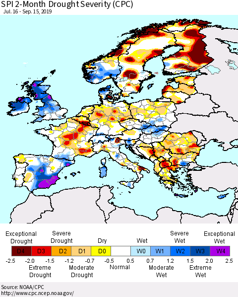 Europe SPI 2-Month Drought Severity (CPC) Thematic Map For 7/16/2019 - 9/15/2019