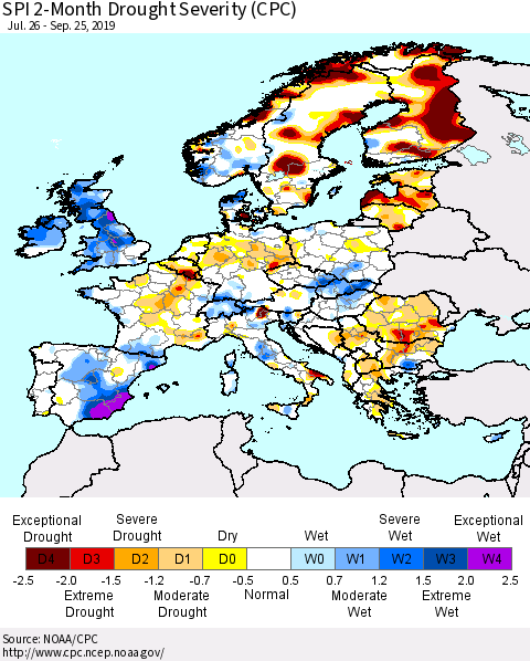 Europe SPI 2-Month Drought Severity (CPC) Thematic Map For 7/26/2019 - 9/25/2019
