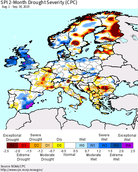 Europe SPI 2-Month Drought Severity (CPC) Thematic Map For 8/1/2019 - 9/30/2019