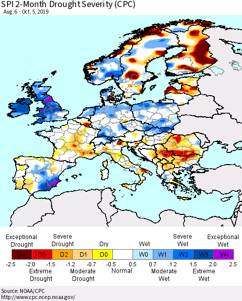 Europe SPI 2-Month Drought Severity (CPC) Thematic Map For 8/6/2019 - 10/5/2019