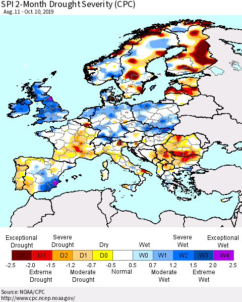 Europe SPI 2-Month Drought Severity (CPC) Thematic Map For 8/11/2019 - 10/10/2019