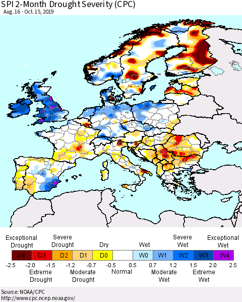 Europe SPI 2-Month Drought Severity (CPC) Thematic Map For 8/16/2019 - 10/15/2019